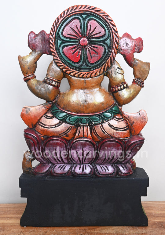 Ganesha on Pink Lotus Holding Pasa and Ankusha Ayuthas Wooden Sculpture 19"