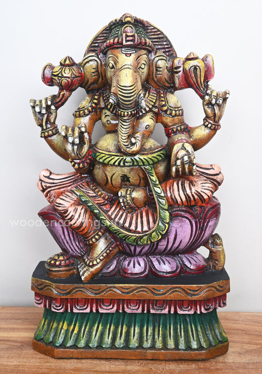 Ganesha on Pink Lotus Holding Pasa and Ankusha Ayuthas Wooden Sculpture 19"