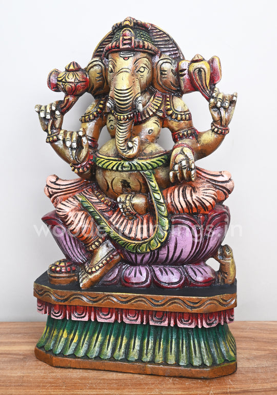 Ganesha on Pink Lotus Holding Pasa and Ankusha Ayuthas Wooden Sculpture 19"