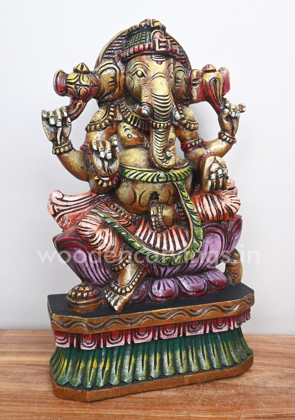 Ganesha on Pink Lotus Holding Pasa and Ankusha Ayuthas Wooden Sculpture 19"