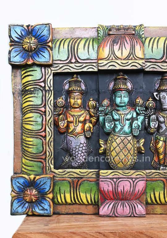 Colourful Attractive Mahavishnu Horizontal Ten Powerful Avatars Handmade Wooden Wall Panel 54"