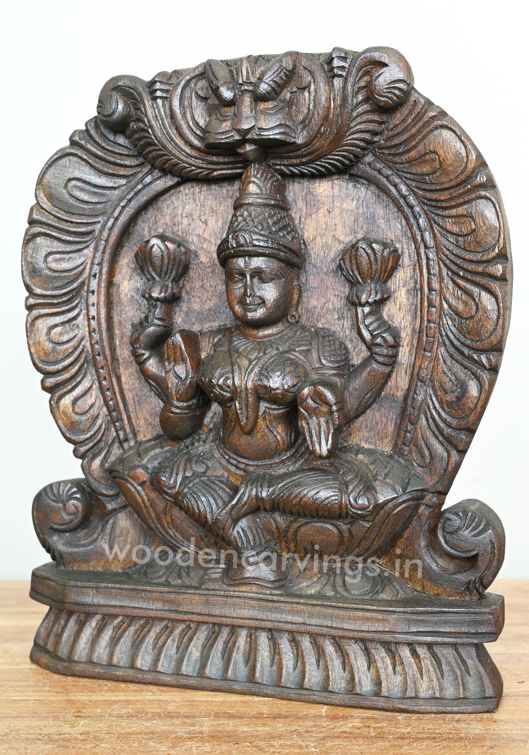 Light Weight Maa Lakshmi Seated on Lotus Arch Wooden Wax Brown Wall Mount 13"