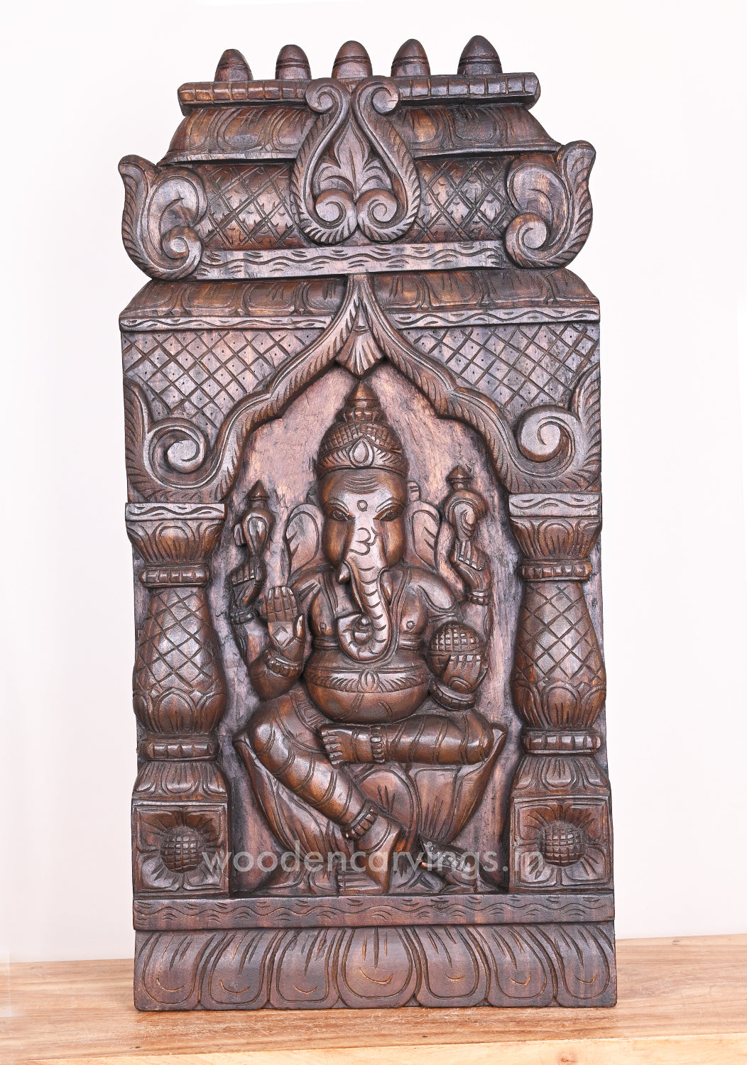 Pillar with Mandap Design Ganapathi Seated on Lotus Wooden Handmade Kavadi Wall Mount 37"