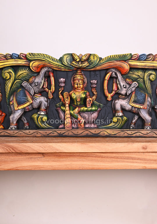 Goddess GajaLakshmi With Colourful Lord Ganesh and Goddess Saraswathi Horizontal Wooden Panel 37"