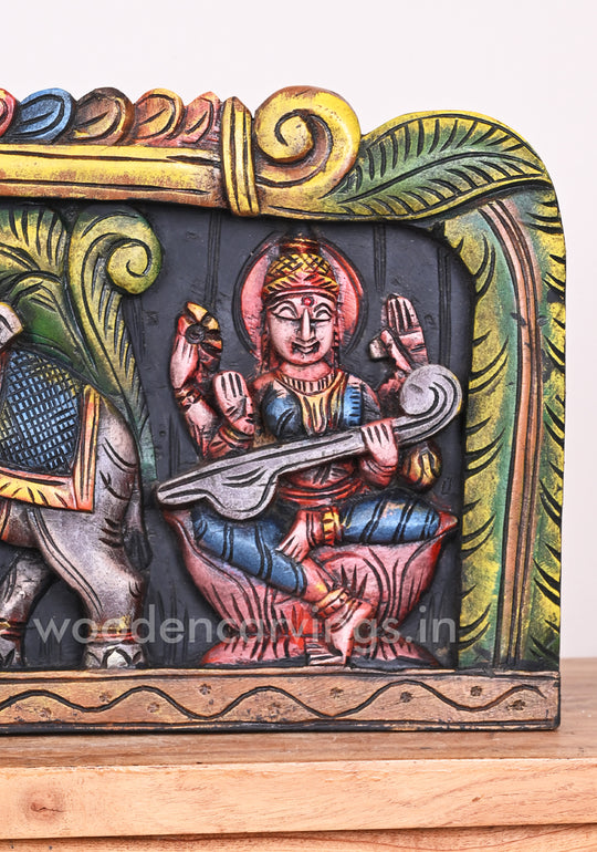 Goddess GajaLakshmi With Colourful Lord Ganesh and Goddess Saraswathi Horizontal Wooden Panel 37"