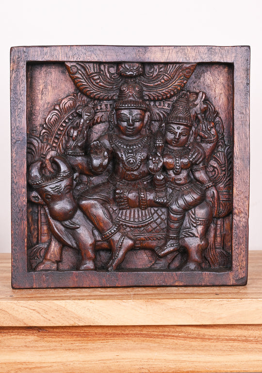 Hooks Fixed Light Weight Mahadev With Devi Parvathi on Cow Wax Brown Wooden Wall Mount 12"