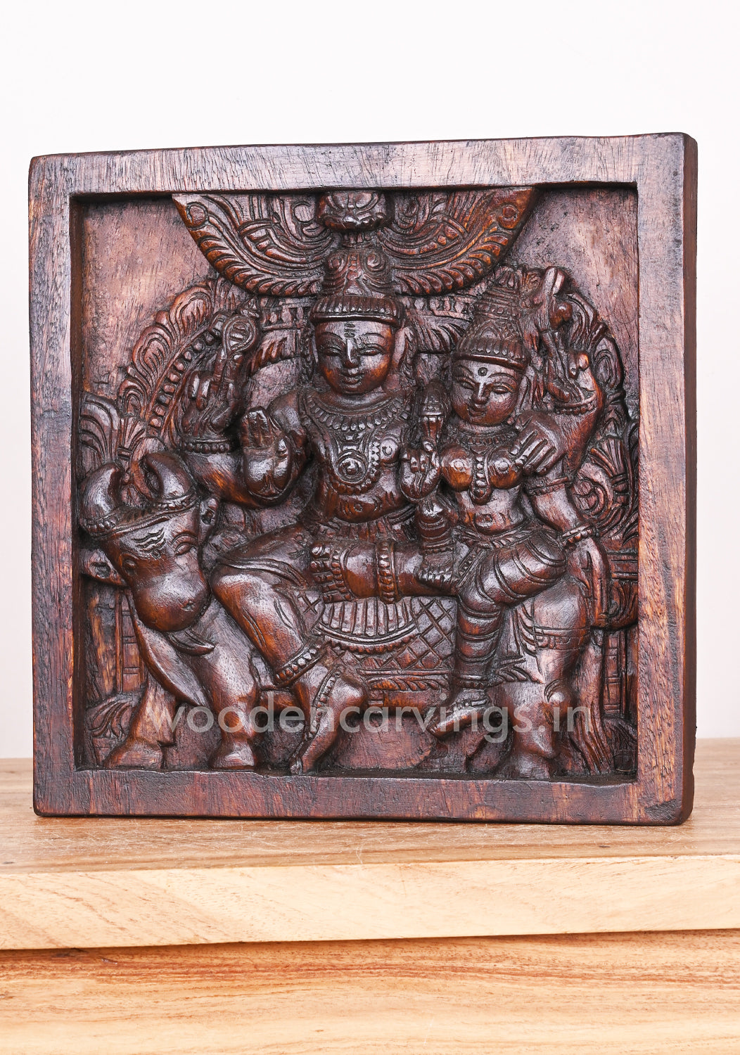 Hooks Fixed Light Weight Mahadev With Devi Parvathi on Cow Wax Brown Wooden Wall Mount 12"