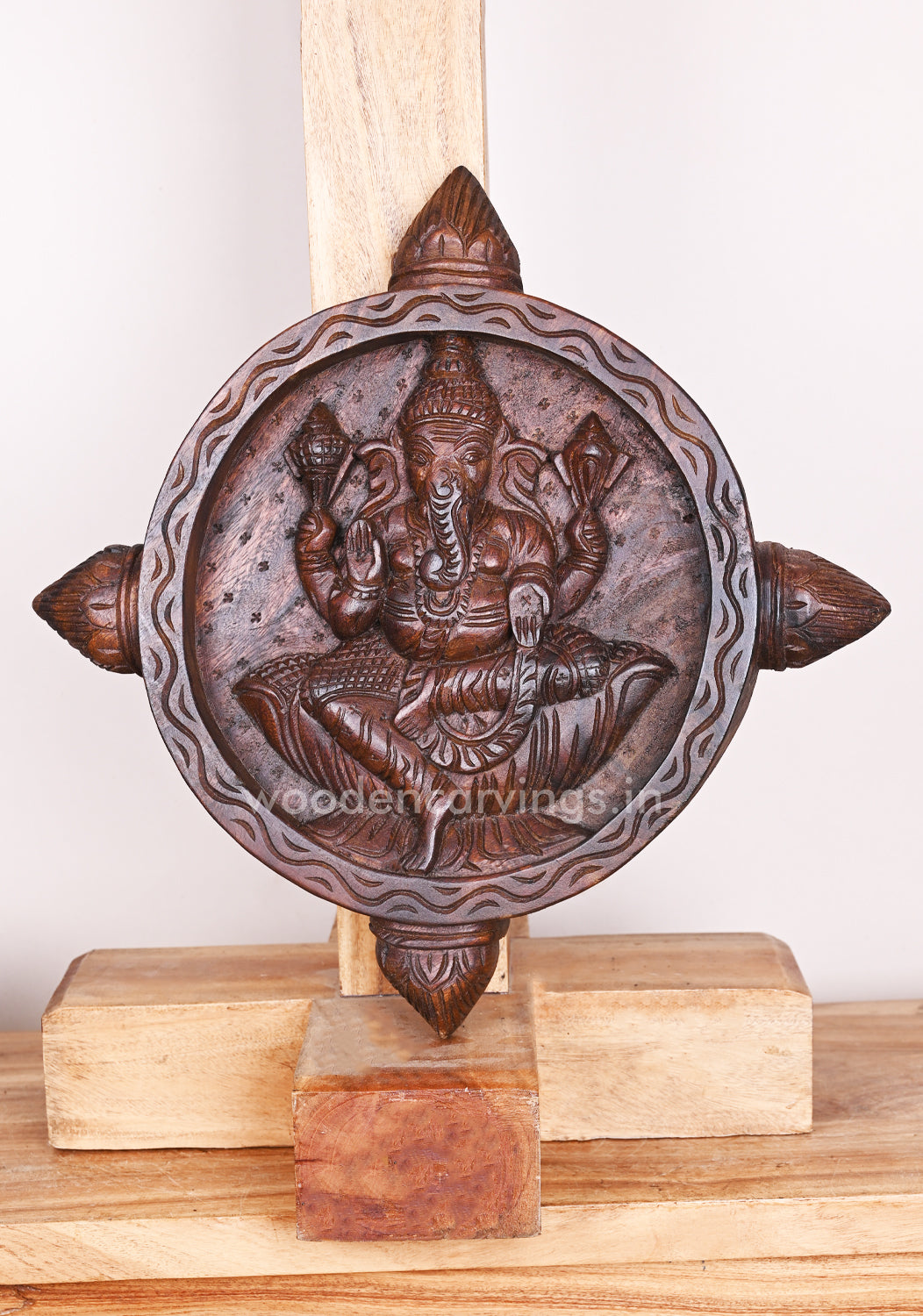 Round Petal Design Lord Ganesh Decorative Pooja Room Decor Wooden Wax Brown Wall Mount 17"