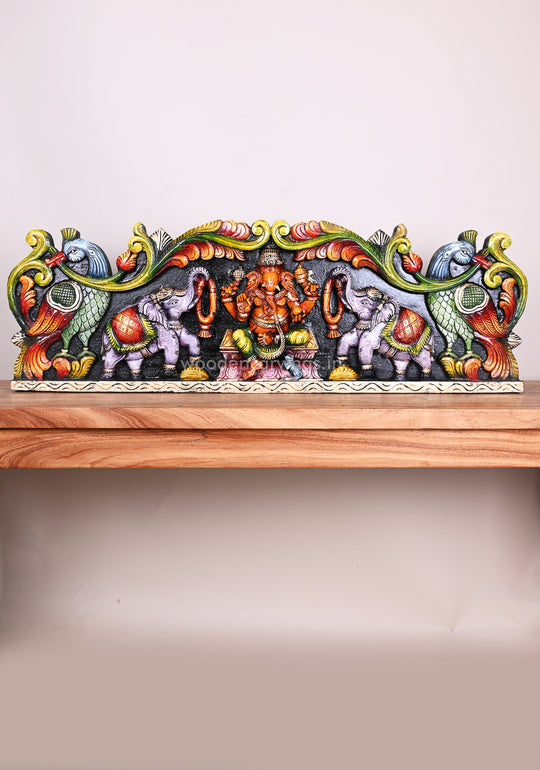 Colourful Bright Attractive Gaja Ganesha with Grey Elephants Horizontal Hook Fixed Wall Panel 35"