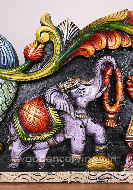 Colourful Bright Attractive Gaja Ganesha with Grey Elephants Horizontal Hook Fixed Wall Panel 35"