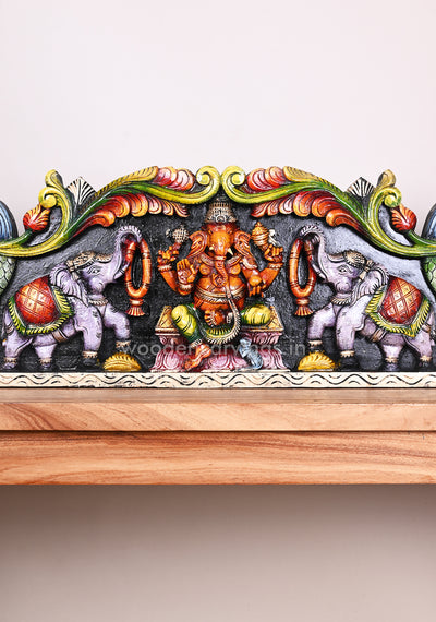 Colourful Bright Attractive Gaja Ganesha with Grey Elephants Horizontal Hook Fixed Wall Panel 35"