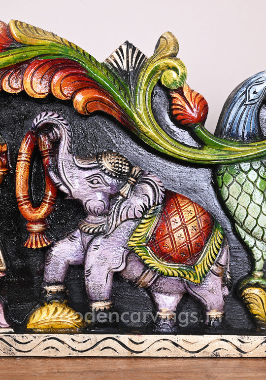 Colourful Bright Attractive Gaja Ganesha with Grey Elephants Horizontal Hook Fixed Wall Panel 35"