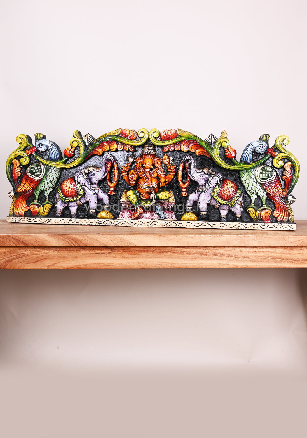 Colourful Bright Attractive Gaja Ganesha with Grey Elephants Horizontal Hook Fixed Wall Panel 35"