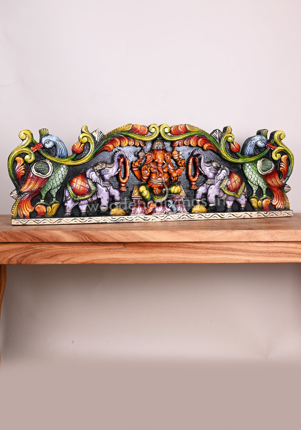 Colourful Bright Attractive Gaja Ganesha with Grey Elephants Horizontal Hook Fixed Wall Panel 35"