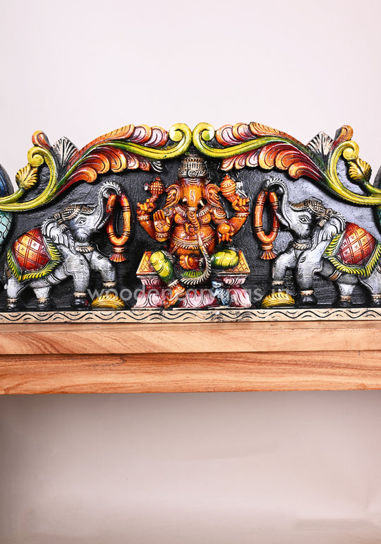 Floral Design Beautiful Gaja Ganesha Horizontal Standing Hamsa Bird Wooden Coloured Wall Panel 35"