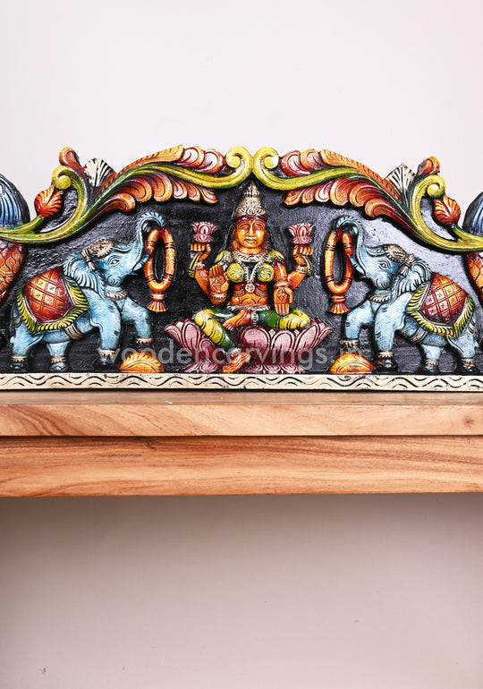 Wooden Gorgeous Gaja Lakshmi With Blue Elephants Coloured Floral Design Wooden Home Decor Panel 35"