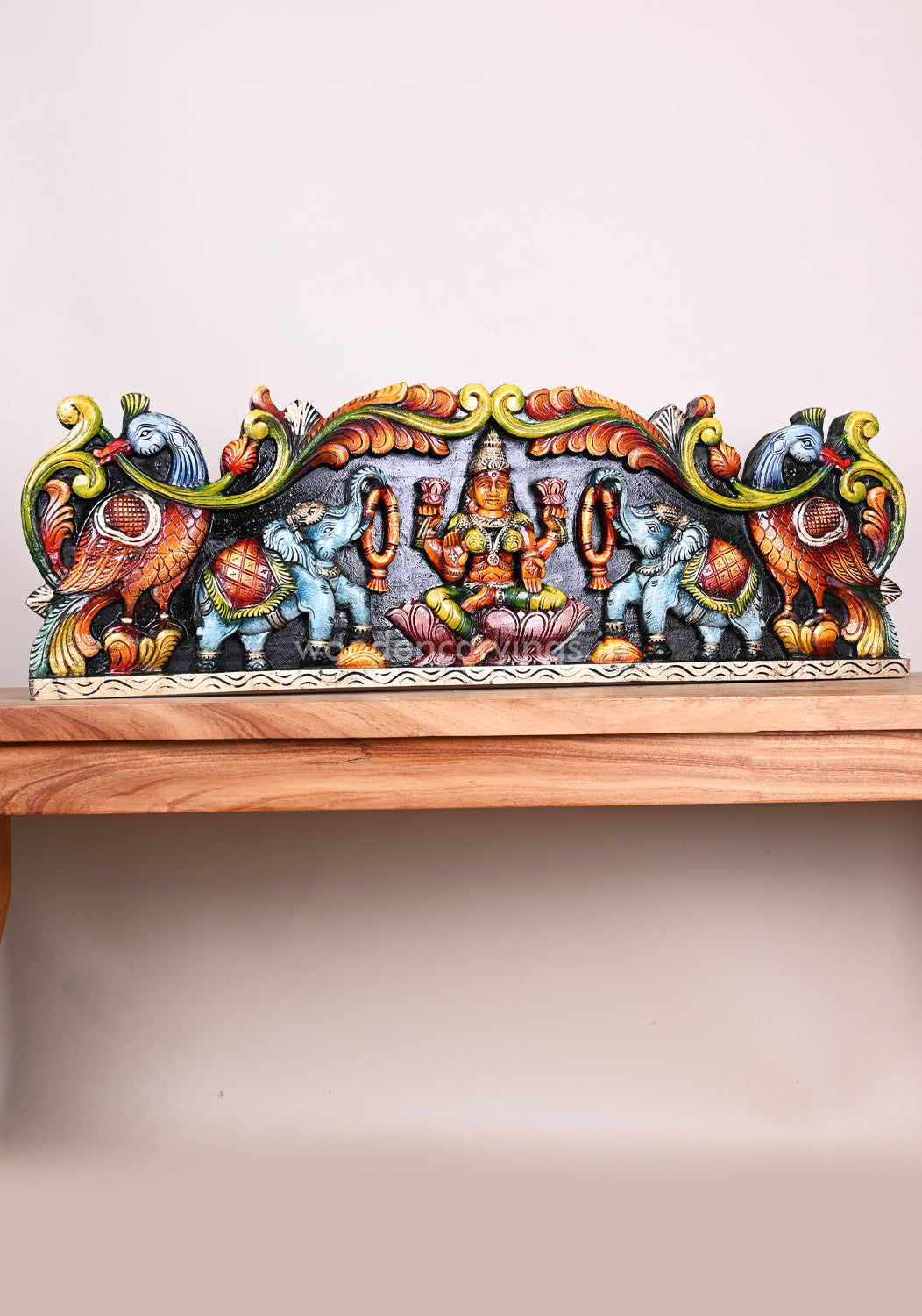 Wooden Gorgeous Gaja Lakshmi With Blue Elephants Coloured Floral Design Wooden Home Decor Panel 35"