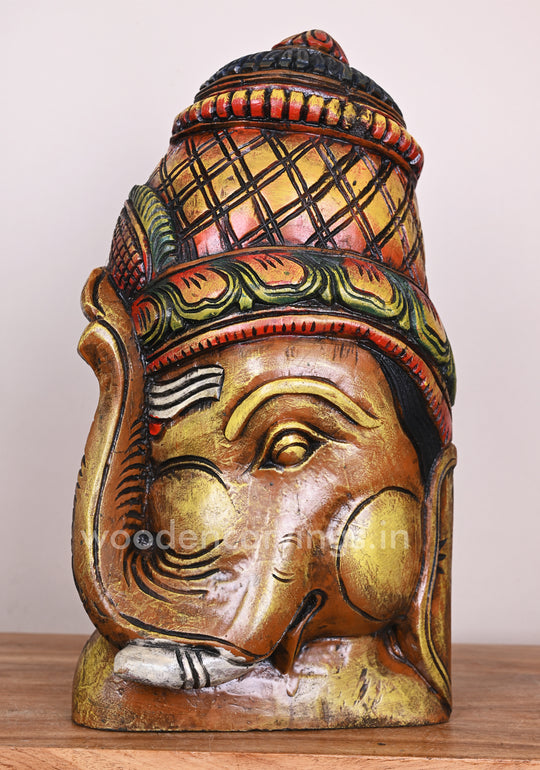 Lord Ganesha Upraised His Trunk Wooden Multicoloured Light Weight Home Decor Mask 18"