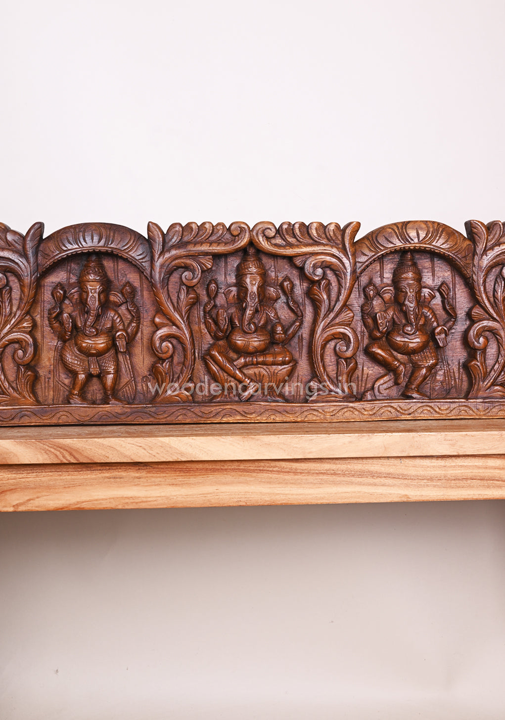 Special Artistry Work of Five Ganesha Horizontal Floral Design Wooden Handmade Wall Panel 48"