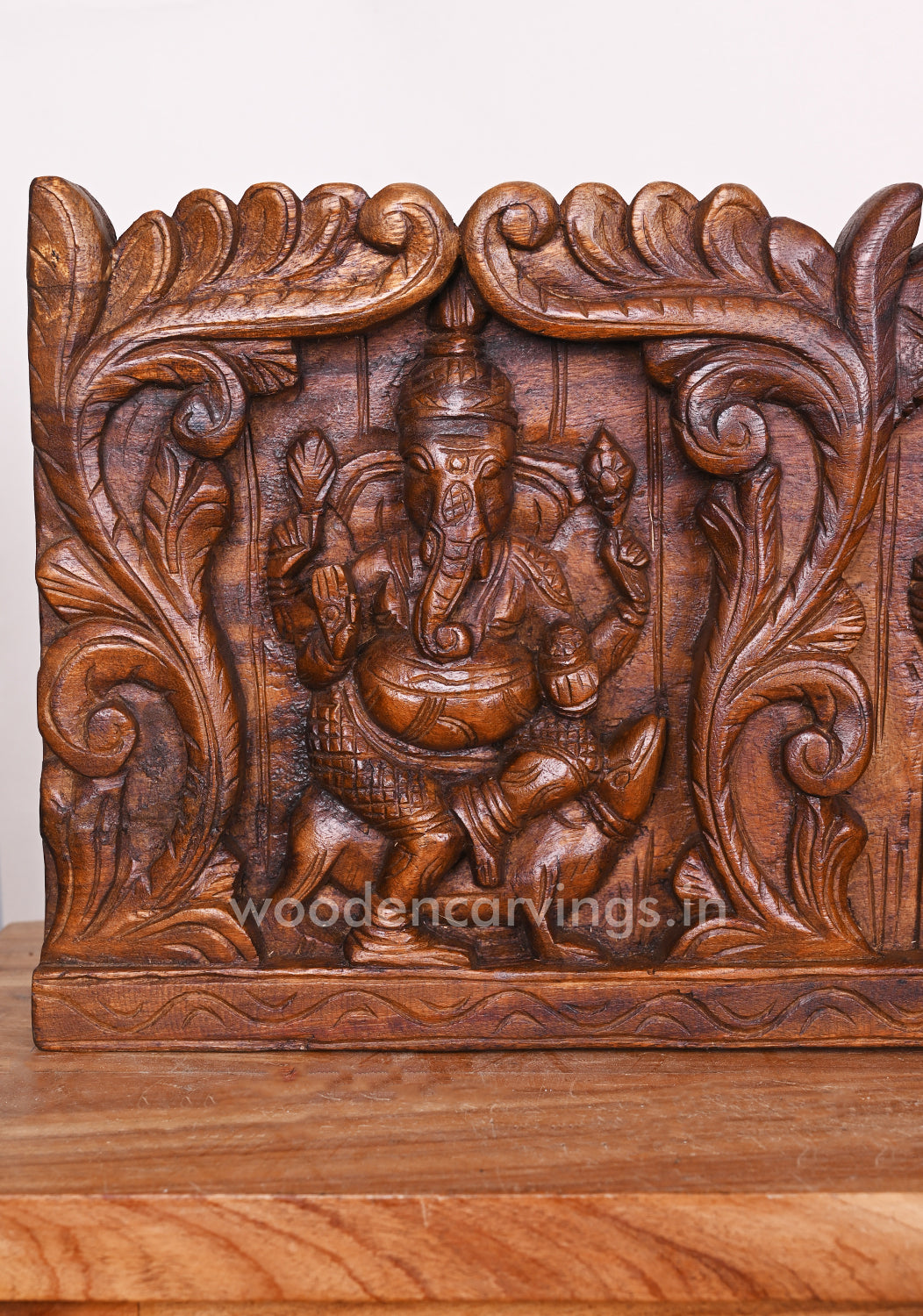 Special Artistry Work of Five Ganesha Horizontal Floral Design Wooden Handmade Wall Panel 48"