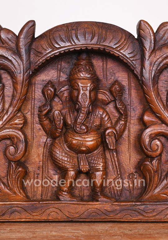 Special Artistry Work of Five Ganesha Horizontal Floral Design Wooden Handmade Wall Panel 48"