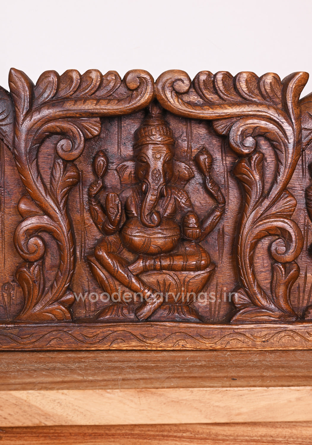 Special Artistry Work of Five Ganesha Horizontal Floral Design Wooden Handmade Wall Panel 48"