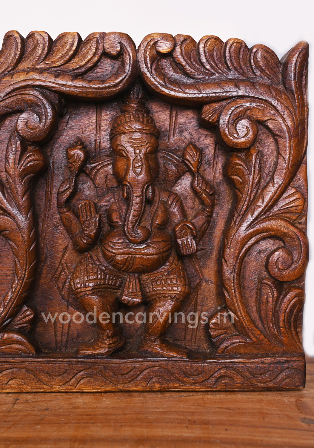 Special Artistry Work of Five Ganesha Horizontal Floral Design Wooden Handmade Wall Panel 48"