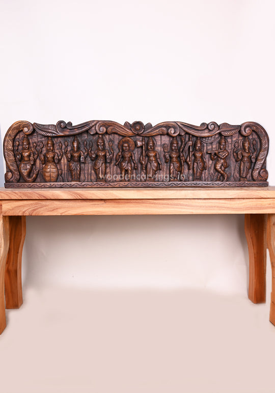 Wooden Mahavishnu Ten Powerful Avatars Save People From Evils Horizontal Wax Brown Wall Panel 48"