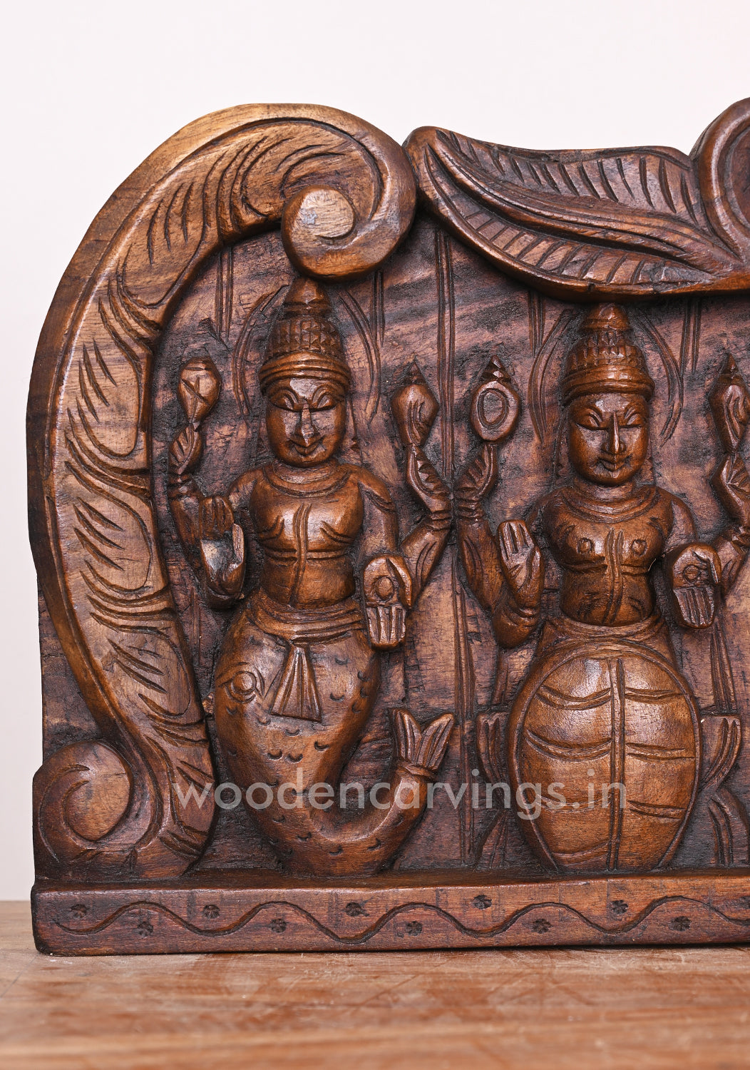 Wooden Mahavishnu Ten Powerful Avatars Save People From Evils Horizontal Wax Brown Wall Panel 48"