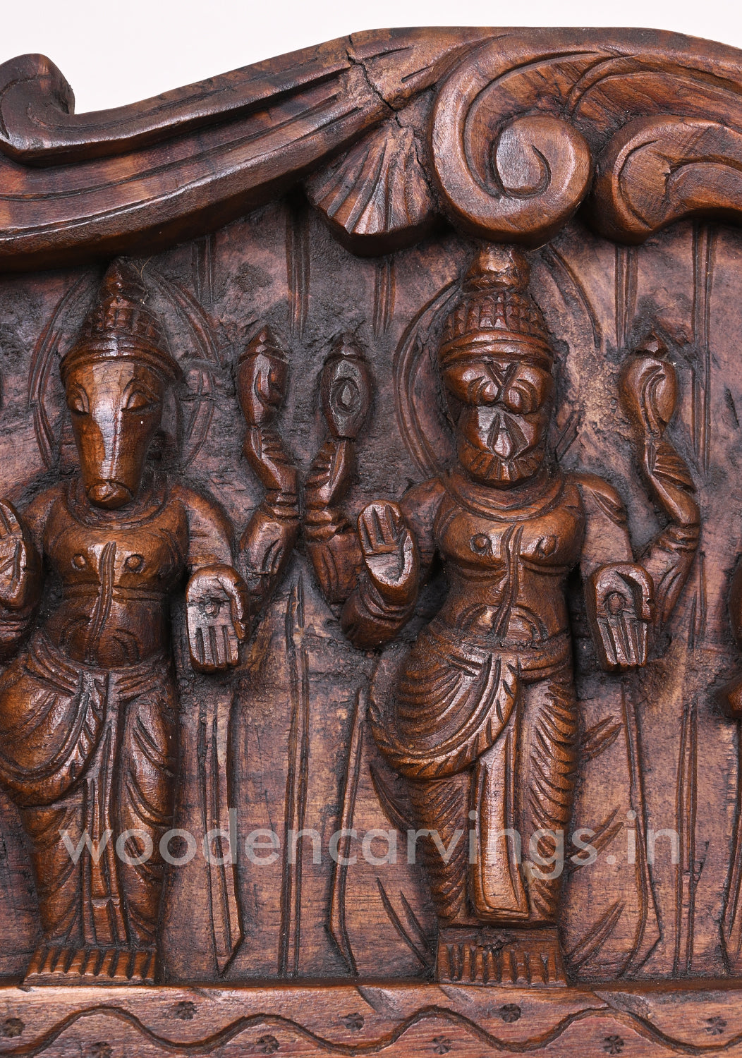 Wooden Mahavishnu Ten Powerful Avatars Save People From Evils Horizontal Wax Brown Wall Panel 48"