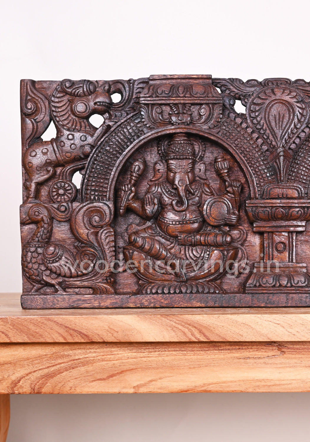 Horizontal Wax Brown Lord Ganesha Holding Musical Instruments with His Consort Wall Panel 36"