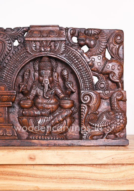 Horizontal Wax Brown Lord Ganesha Holding Musical Instruments with His Consort Wall Panel 36"