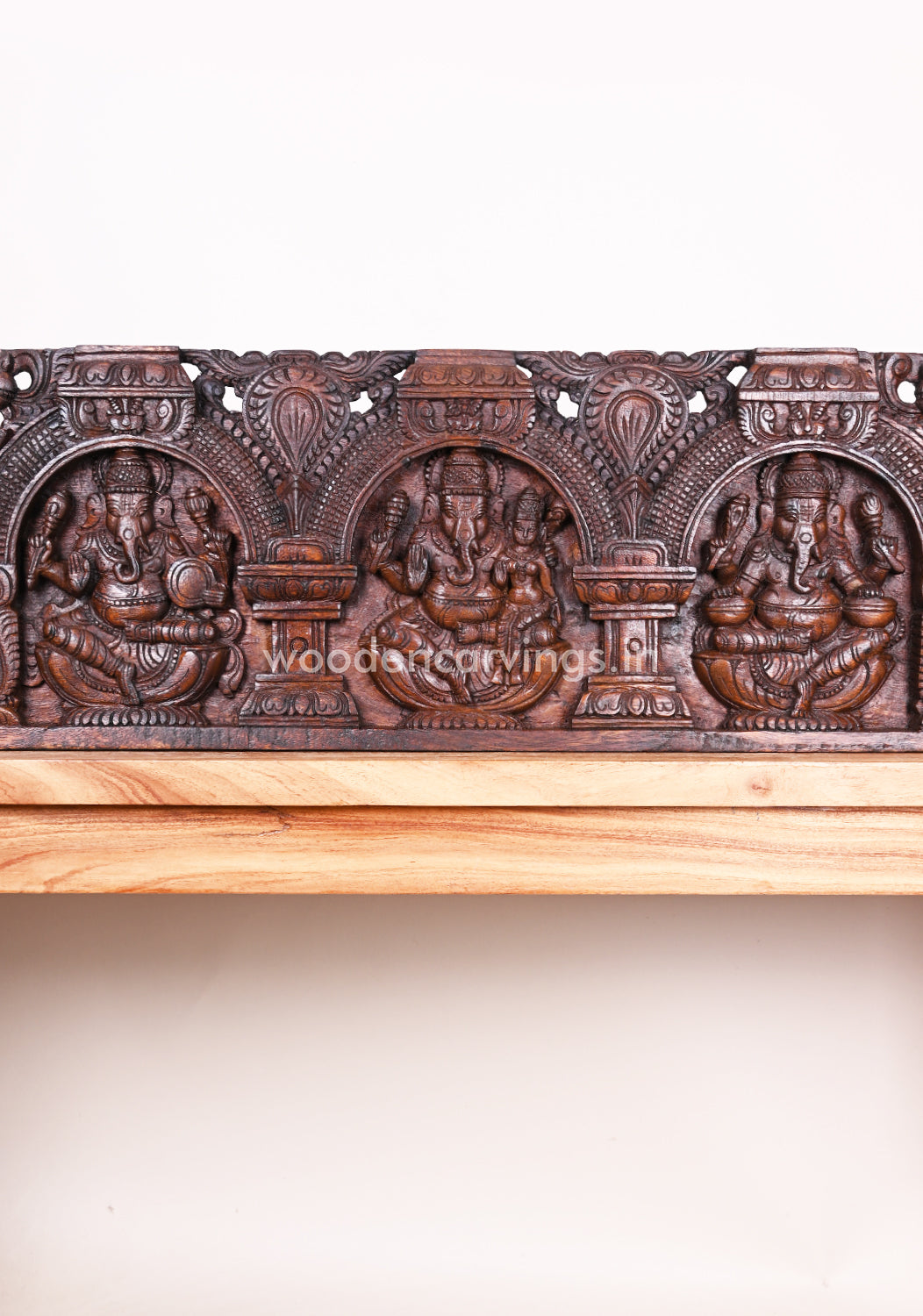 Horizontal Wax Brown Lord Ganesha Holding Musical Instruments with His Consort Wall Panel 36"