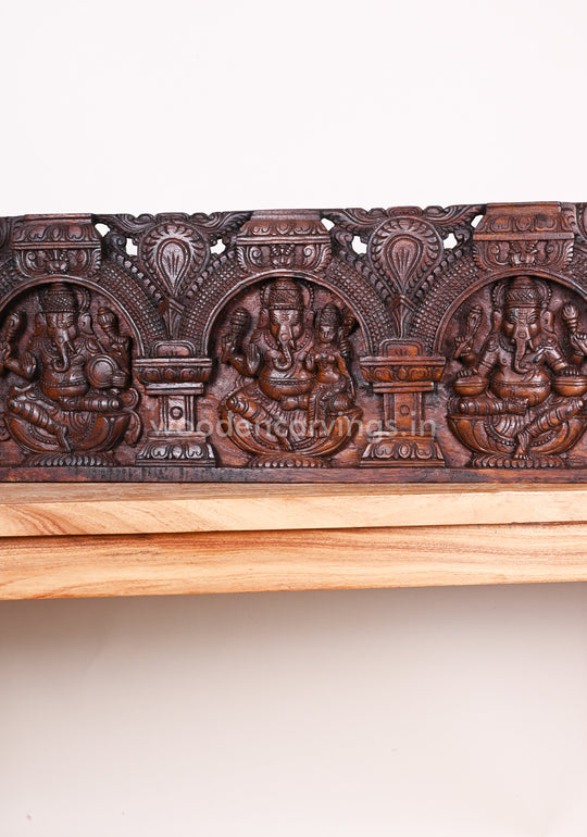 Horizontal Wax Brown Lord Ganesha Holding Musical Instruments with His Consort Wall Panel 36"