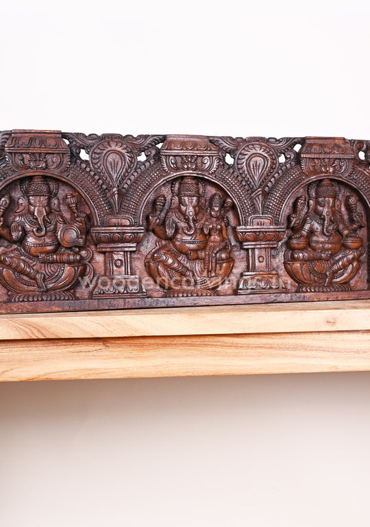 Horizontal Wax Brown Lord Ganesha Holding Musical Instruments with His Consort Wall Panel 36"