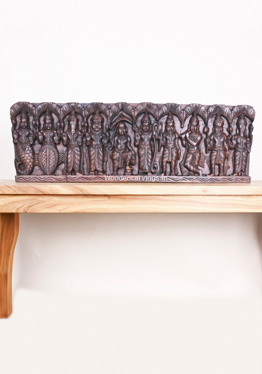 Wooden Maha Vishnu Ten Powerful Avatars For Destroy Bad Evils Hooks Fixed Horizontal Panel 38"