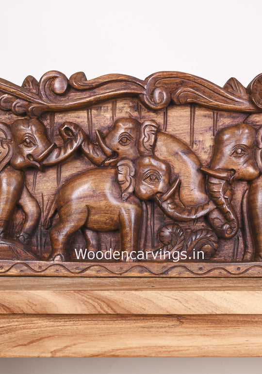 Beautiful Artistic Work of Group of Elephants Realistic Handmade Decorative Wooden Wall Panel 48"