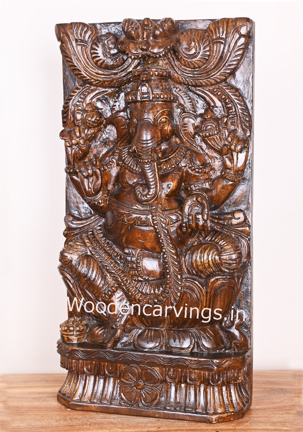 Vertical Lord Ganesha Seated on Lotus Wooden Polished Finishing Kirthi Mukh Sculpture 24"