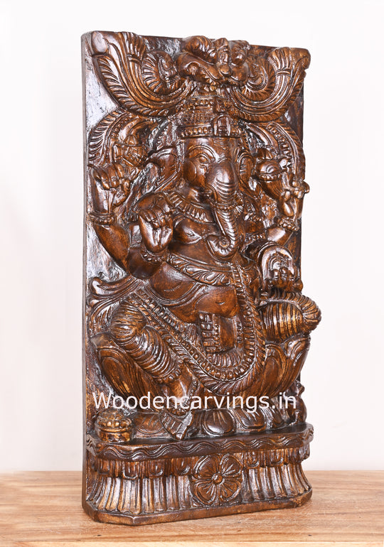 Vertical Lord Ganesha Seated on Lotus Wooden Polished Finishing Kirthi Mukh Sculpture 24"