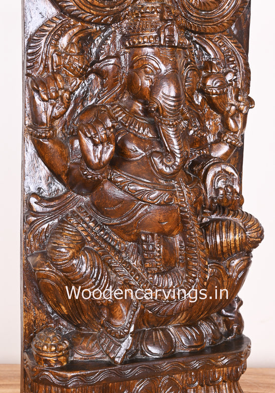 Vertical Lord Ganesha Seated on Lotus Wooden Polished Finishing Kirthi Mukh Sculpture 24"