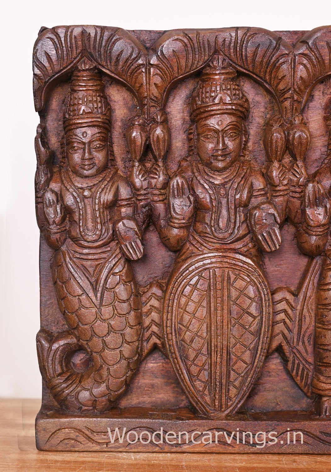 Wooden Horizontal Lord Vishnu Standing Powerful Dasavatars Horizontal Wax Brown Wooden Panel 37"