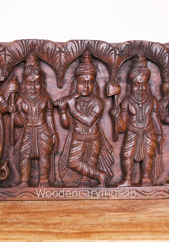 Wooden Horizontal Lord Vishnu Standing Powerful Dasavatars Horizontal Wax Brown Wooden Panel 37"