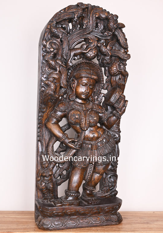 Wooden Attractive Standing Gorgeous Apsara Holding Mirror For Wear bindi Jali Work Wall Mount 37"