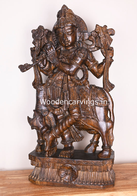 Shri Krishna Govindha Playing With Flute Standing With Cow Wooden Handmade Polished Fine Sculpture 37"