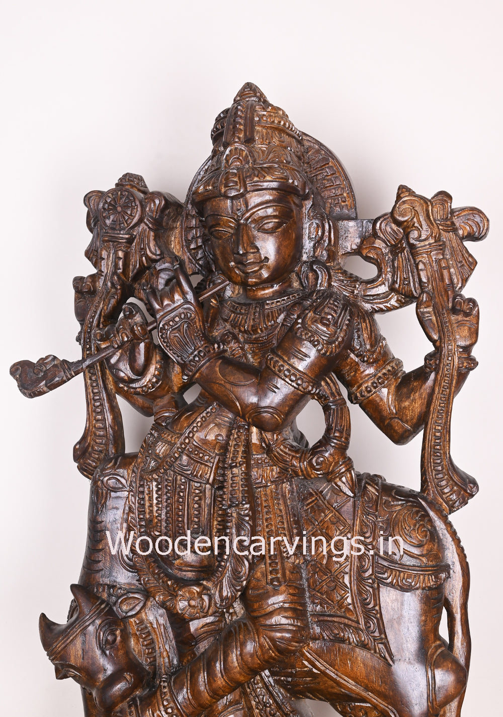 Shri Krishna Govindha Playing With Flute Standing With Cow Wooden Handmade Polished Fine Sculpture 37"