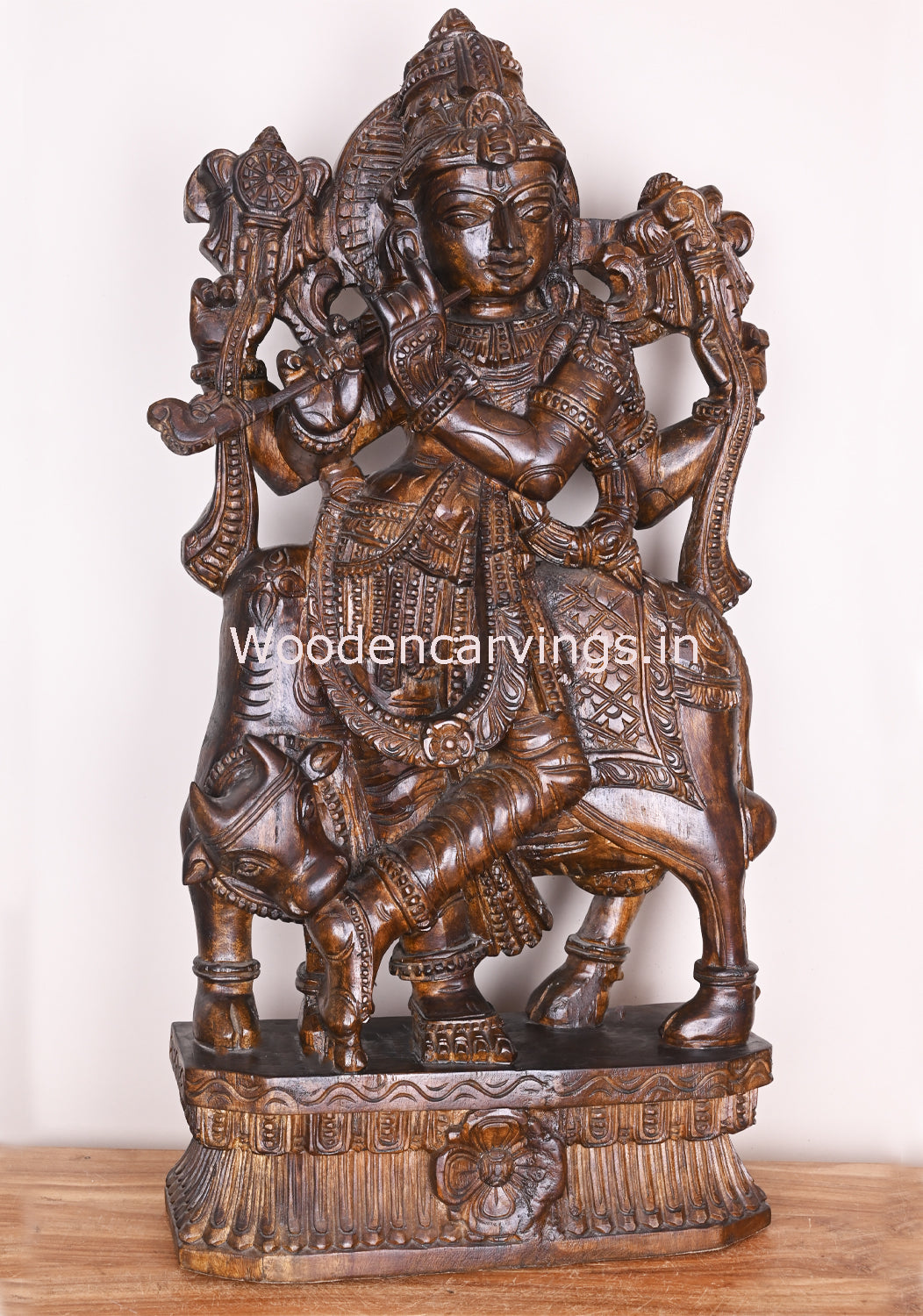 Shri Krishna Govindha Playing With Flute Standing With Cow Wooden Handmade Polished Fine Sculpture 37"