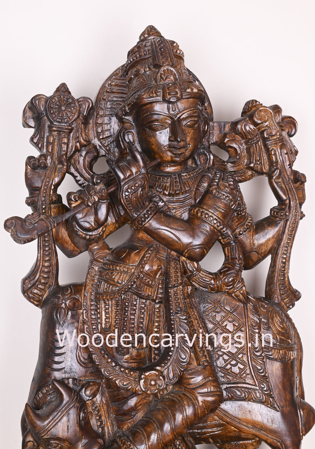 Shri Krishna Govindha Playing With Flute Standing With Cow Wooden Handmade Polished Fine Sculpture 37"