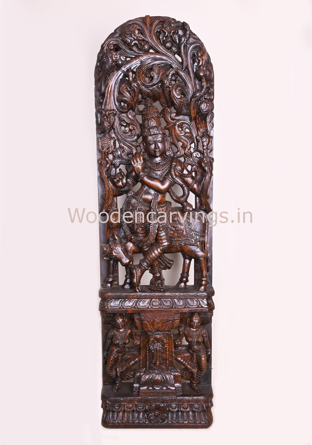 Decorative Standing Krishna Playing With Flute and Cow Wooden Jali Work Handmade Wall Decor Wall Mount 60"