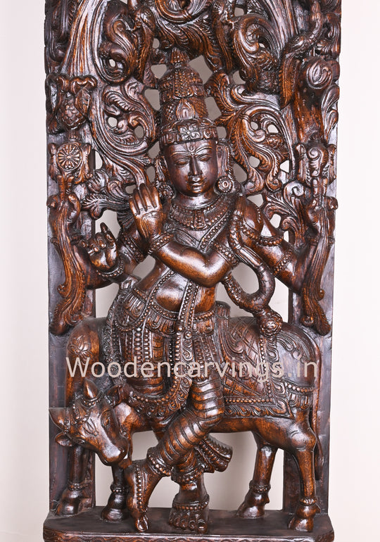 Decorative Standing Krishna Playing With Flute and Cow Wooden Jali Work Handmade Wall Decor Wall Mount 60"