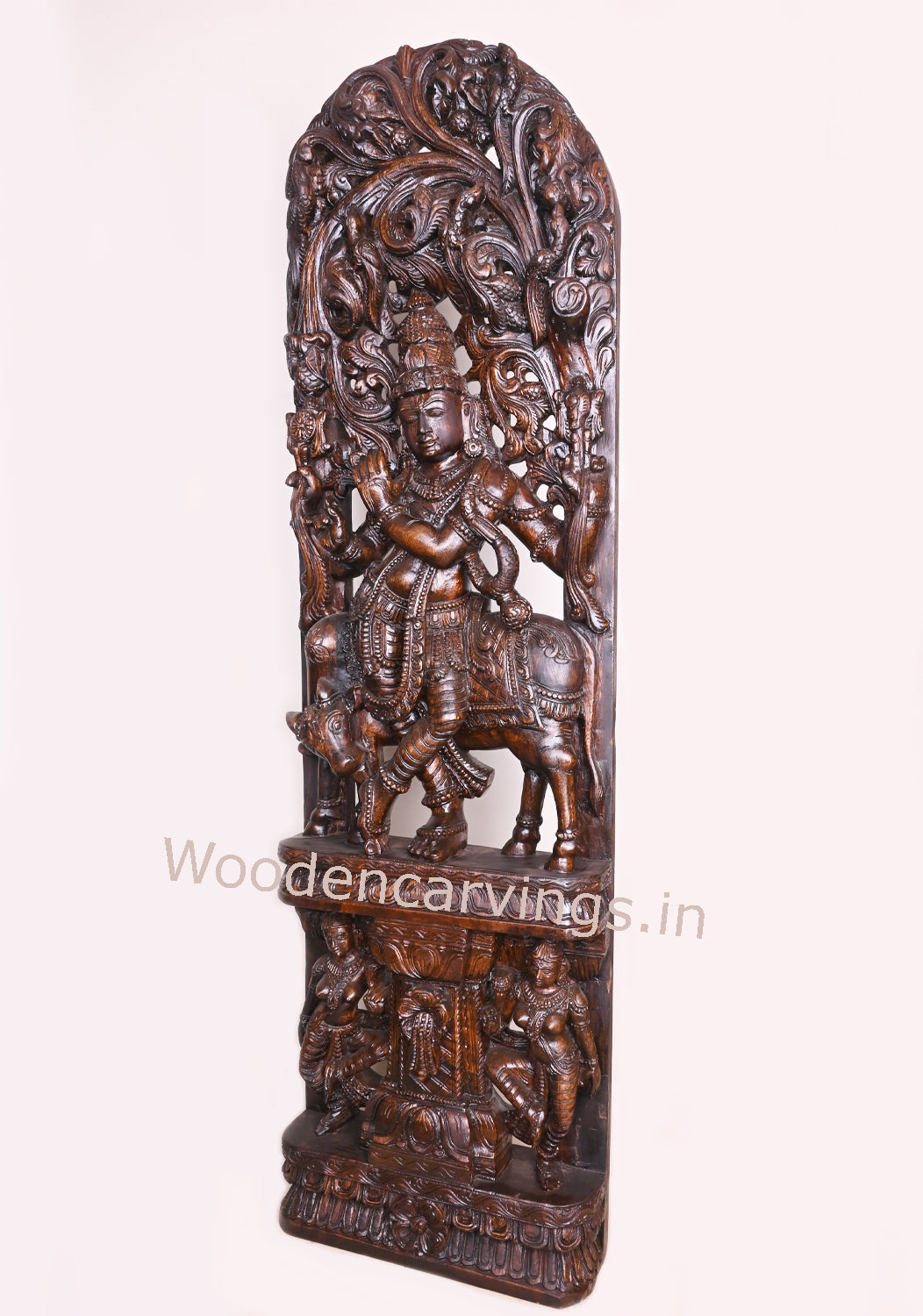 Decorative Standing Krishna Playing With Flute and Cow Wooden Jali Work Handmade Wall Decor Wall Mount 60"